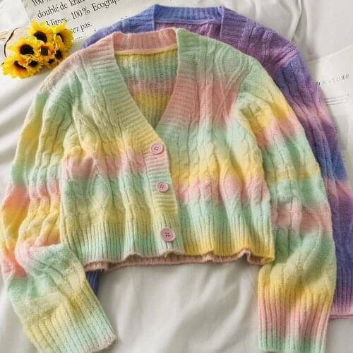 Rainbow Gradient Twist Single Breasted Cardigan Womens Autumn Winter Loose V-neck Knitted Sweater Crop Top Korean Knitwear