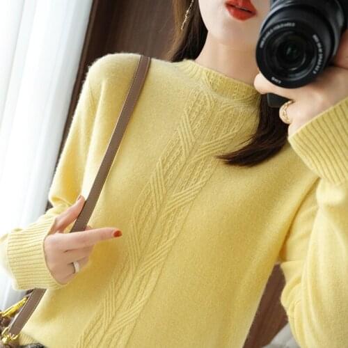 Autumn and winter new womens long-sleeved pullover 100% wool half high neck short solid color loose large size womens top
