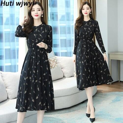 2021 Black Floral Chiffon Beach Midi Sundress Spring Autumn Elegant Bodycon Party Night Vestido Women Korean Vintage Shirt Dress