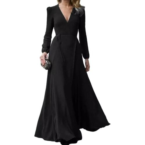 2020 New Women Sexy Formal Maxi Dress V Neck Long Sleeve Solid color Bandage Office Ladies Evening Party Prom Gown
