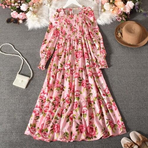 Boho Square Collar Flower Print Dress Korean Long Sleeve A Line Ruffle Mid-calf Dresses Party Women Spring Casual Dress Vestidos