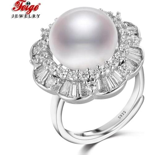 High Quality 925 Sterling Silver Big Natural Freshwater Pearl Rings for Women Gifts Wedding Jewelry Flower Pearl Ring FEIGE