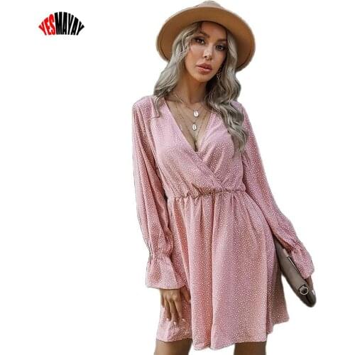 Womens Long Sleeve Dress Vintage Polka Dot Print Mini Dresses Robe Autumn Ladies Fashion Chiffon V Neck Office Dress Woman 2021