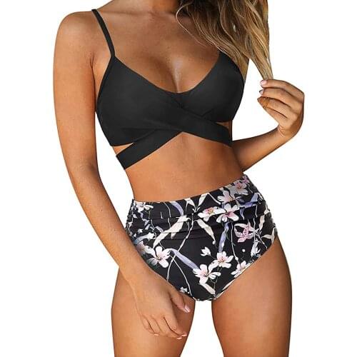 2021 Summer Swimwear Women Sexy Cross High Waisted String Floral Printed Two Piece Bathing Suit Bikini Set Bikini Mujer#g3