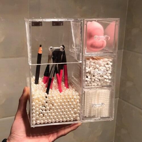 Dustproof Acrylic Makeup Brush Organizer with 400g Pearls 3 Drawers for Cotton Pads/Nail Polish Holder Cosmetics Storage Box