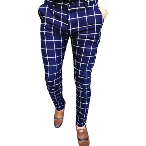 Men Casual Pants Fashion Cotton Midweight Pants Slim Fit Business Formal Zipper Buttons Plaid Print Trousers Male Leisure Pants