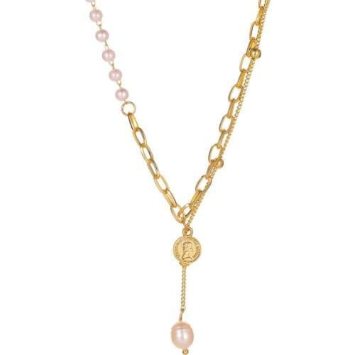 Vintage Chain Pearl Pendant Necklace Fashion Temperament Trend Double Layer Wear Portrait Stitching Necklace