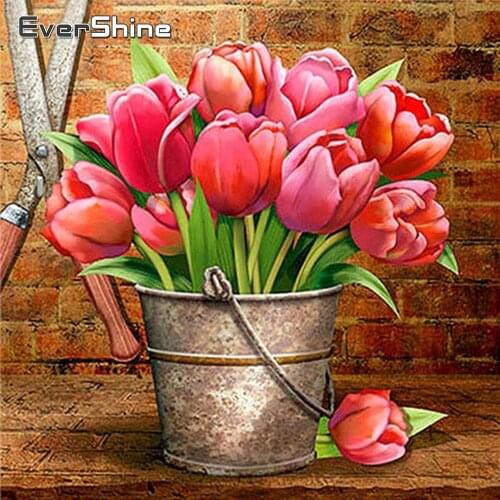 EverShine Diamond Painting Flowers Cross Stitch Diamond Embroidery Tulip Rhinestones Art Mosaic Kits Vase Hobby Gift Home Decor