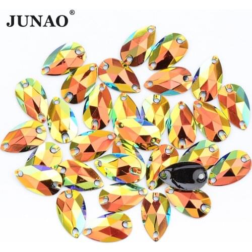 JUNAO 7*12mm Top Quality Sewing Rose Gold AB Drop Rhinestone Flat Back Resin Crystal Strass Applique Sewn On Needlework Stones