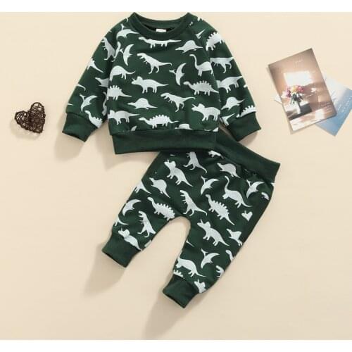 FOCUSNORM 0-3Y Autumn Casual Baby Boys Clothes Sets 2pcs Cartoon Dinosaur Printed Long Sleeve Sweatshirt Tops Pants