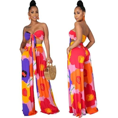 Summer Casual Floral Print Outfits Womens Two Piece Suit Cross Straps Backless Boho Suit Fashion Beach Set Africa Clothing 2021