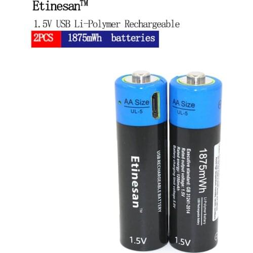 NEW Etinesan 2pcs 1.5V AA 1875mwh Li-polymer lithium li-ion Rechargeable Toys USB Battery, For game,microphone,flashlights ect