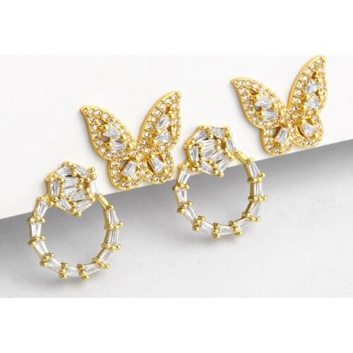 Cute Butterfly Stud Earrings For Women Crystal Geometric Round Earrings CZ Gold Cubic Zirconia Wholesale Jewelry Gifts ersu32