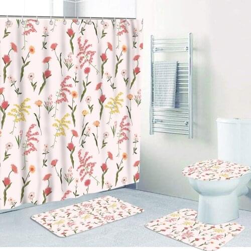 Tropical Flowers Printed Shower Curtain Set with Non-slip Toilet Lid Cover Mat Waterproof Bathroom Rug Floor Carpet Dropshipping