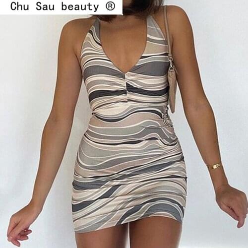 New Fashion V Neck Print Sexy Backless Bodycon Dress Party Sleeveless Summer Halter Mini Dresses Women Streetwear Elegant