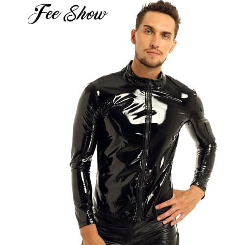 Novelty Sexy Gay Mens Shiny Metallic Top Long Sleeves Stand Collar Top Shiny Wet Look Patent Leather T-shirt Tops Coat Clubwear