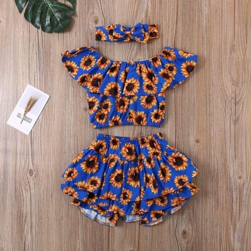 1-6Y Summer 3pcs Toddler Baby Girl Clothes Flamingo/Sunfower Sunsuit Ruffle Crop Tops+Tutu Shorts Pants+Headband Set Outfit