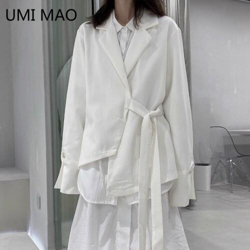 UMI MAO Diablo Yamamoto Style Niche Design Irregular Side Straps Lace-up Suit Jacket Feminino Coat Casual Loose White Outwear