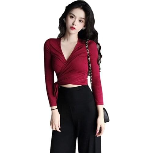Sexy Slim V-neck Wrapped Crop Tops For Women Fashion Novel Solid Color Long-sleeved T-shirts Sexy shirt Korean Cloth