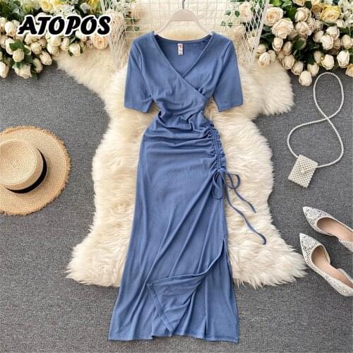 Women Summer Casual Dress V-Neck Short Sleeve Drawstring Folds High Waist Slim Midi Dresses Woman Sundress Female Clothes 2021