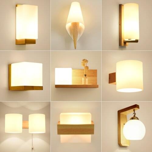 Bedroom bedside lamp LED wall lamp Chinese solid wood simple corridor porch lamp Nordic living room creative wall lamp