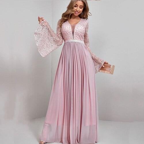 Elegant Prom Dress 2021 Luxury Pink Shinny Long Sleeve Sexy Deep V-neck Floor length Pearls Batwing Special Occasion Dresses