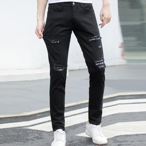HOT Fall 2021 fashion street style ripped jeans mens solid denim trousers crime new leisure slim hipster black jeans