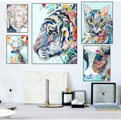 Nordic Abstract Cute Animal Canvas Painting Tiger Elephant Deer Zebra Art Posters and Prints Modern Home Decoration Kids Room