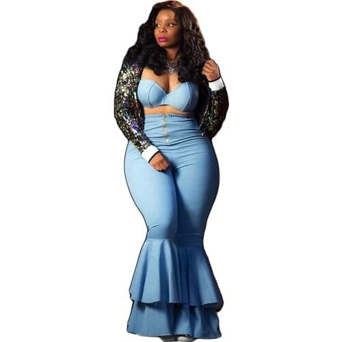 Sexy Club Wear Two Piece Sets Women Strapless Crop Top Bra and Zipper Ruffles Flare Pants Suits Festival Matching Set Outfits