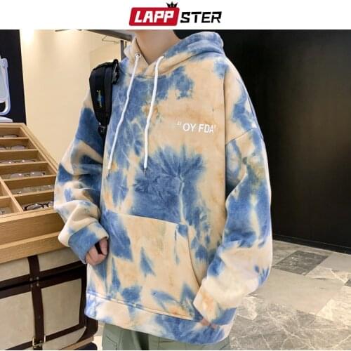 LAPPSTER Men Tie Dye Streetwear Hooded Hoodies 2020 Pullover Autumn Oversized Hoodies Male Pocket Korean Fashions Sweatshirts