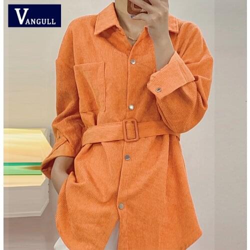 Vangull Fashion Adjustable Sashes Corduroy Jacket Women Spring Turn-down Collar Casual Long Outwear Female Single Breasted Coat