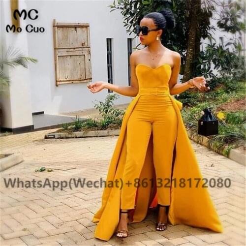 Yellow Womens Sweetheart Jumpsuits Prom Evening Gown Detachable Skirt Elastic Satin Pants Prom Dresses 2021