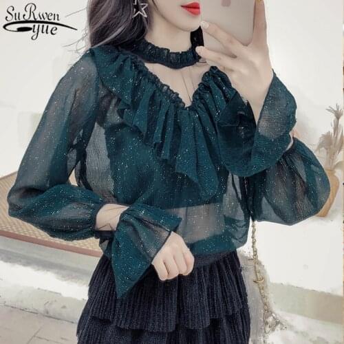 New Korean Style All-match Mesh Stitching Womans Shirts Stand Collar Office Lady Womans Blouses Solid Sexy Lace Shirts 10612