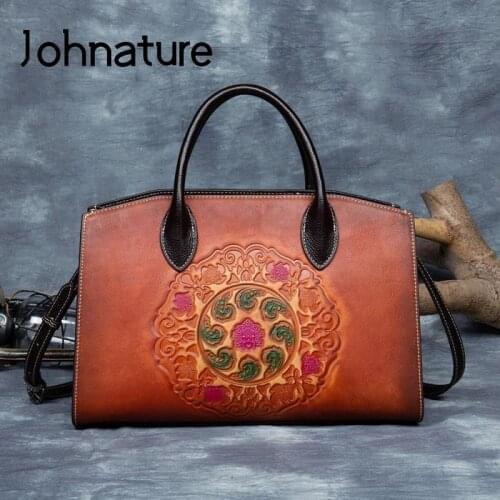 Johnature Genuine Leather Retro Embossed Handbag 2021 New Women Luxury Bag First Layer Cowhide Handmade Shoulder Messenger Bags