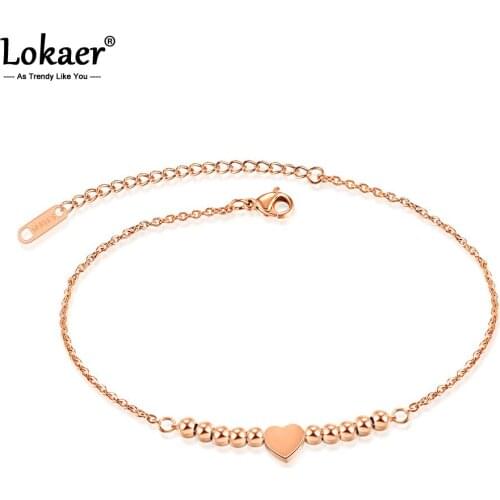 Lokaer Lovely Beads Love Heart Women Anklet Titanium Steel Rose Gold Color Chain Anklets Foot Jewelry Christmas Gifts A19038