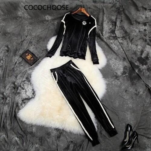 New 2019 autumn winter women casual velvet pant suit side striped active pants + black tops sweatshirt two piece set
