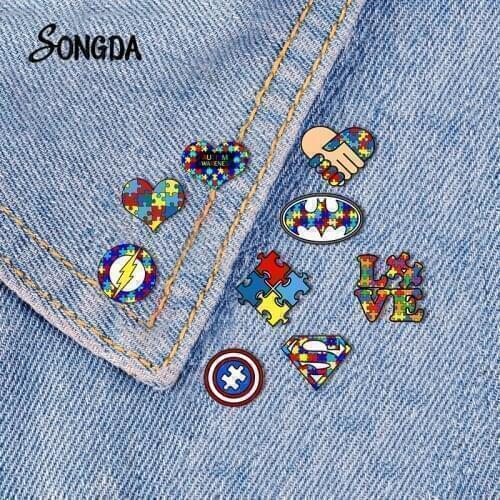New Autism Awareness Pins Badges Red Ribbon Puzzle Love Lapel Pin Jewelry Help Raise Autism Awareness Theme Brooch for Women Men