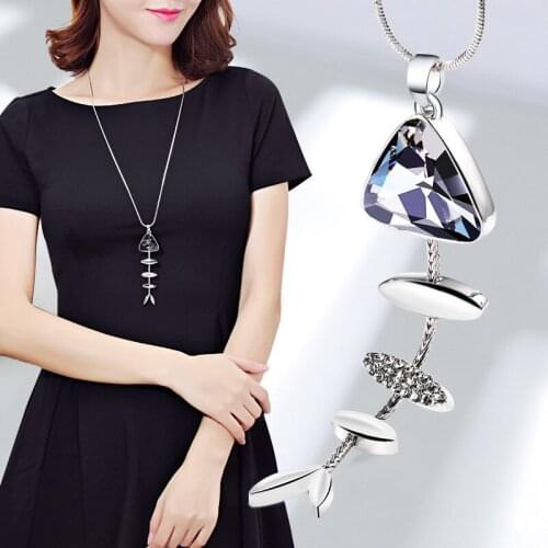 2018Trendy Crystal Long Sweater Chain Fashion Fish Bone Necklace & Pendants Statement Collier Femme Bijoux New Fashion Jewelry