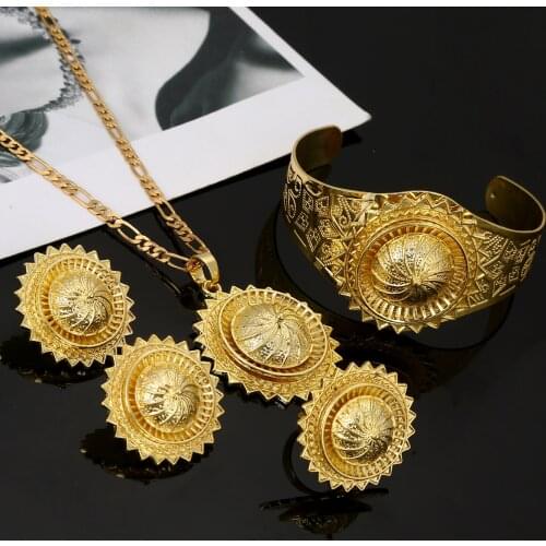 Ethiopian Trendy Gold Color Necklace Clip Earrings Rings Habesha Eritrean Wedding Jewelry Sets