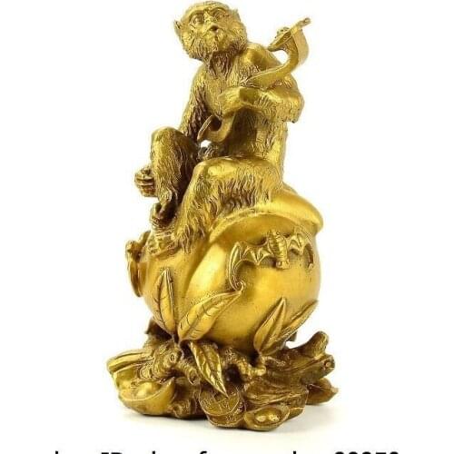 China Brass Copper Zodiac Yuanbao Wealth Money Fu Bat Ruyi Monkey Peaches Statue