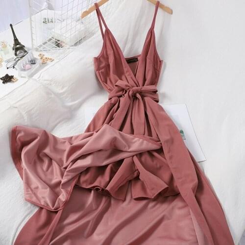 Fashion All-Match Womens Spaghetti Strap Jumpsuits Solid Color V-Neck High Waist Bandage Wide Leg Culottes Big Split Jumpsuit