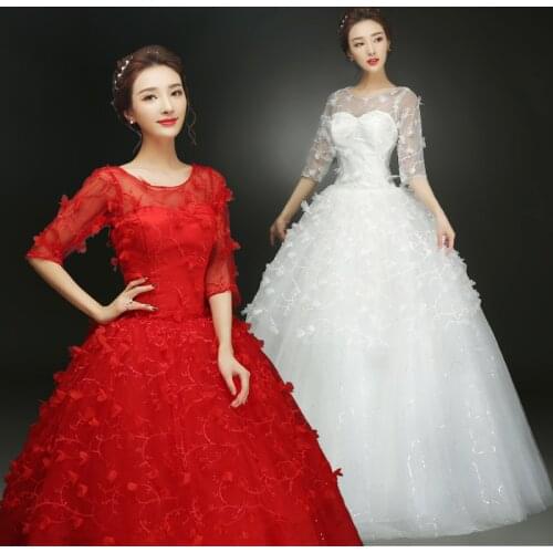 Red White Wedding Dresses Brides Plus Size Flower Wedding Dress Half Sleeves Bridal Ball Gowns Lace Up Dresses