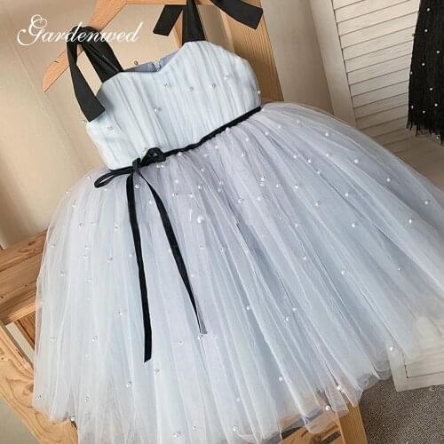 Gardenwed 2020 Newcoming Puffy Flower Girl Dresses Bow Straps Tulle Layers Ball Gown Pearls Appliques Ruched Pageant,Vestidos