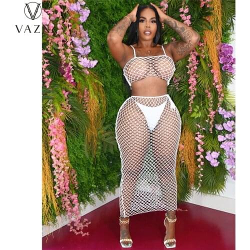 VAZN 2021 New Design Transparent Mesh Fabric Sexy Sleeveless Bandage 2 Piece Set Pencil 2pcs Set Women Top And Pant Summer