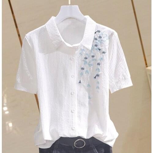 100% Cotton Women Shirts Summer New Turn-Down Collar Flower Embroidery Slim Office Lady All Match Female Shirts Outwear Tops