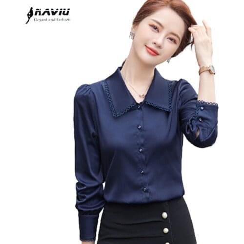 Shirt Women Design 2021 New Autumn Long Sleeve White High End OL Professional Chiffon Blouses Office Ladies Work Wear Navy Blue