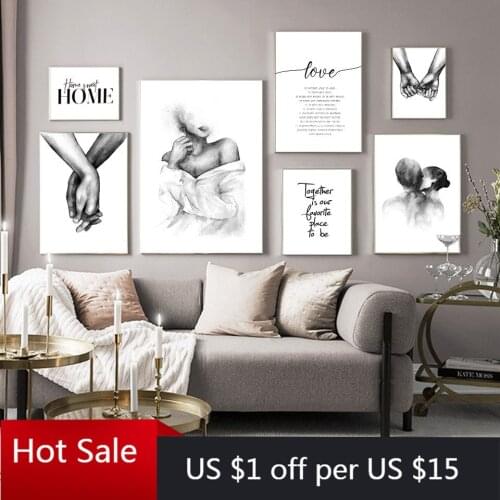 Nordic Black White Shoulder Kiss Hand Wall Art Canvas Painting Minimalist Print Love Quotes Picture for Poster Aesthetic Room De