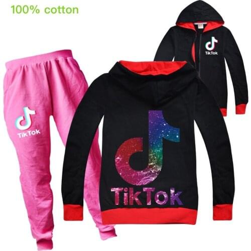TIK TOK Cartoon Hoodies Kids Sweatshirts 2pcs Set Baby Toddler Girls Zipper Coat + Pants Clothes Casual Sportswear