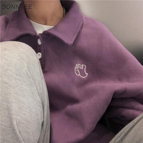 Harajuku Sweatshirts Women Retro Chic Thicker Fall Korean Popular Teens Hoodies All-match Turn-down Collar Girls Clothes Simple