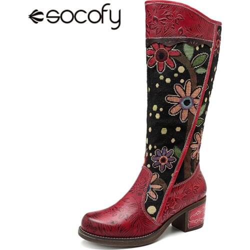 Socofy Vintage Patchwork Western Cowboy Boots Women Shoes Bohemian Genuine Leather Shoes Woman Mid-calf Boots Autumn Botas Mujer